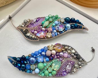 Handmade Beaded Feather Brooch: Purple & Green Designer Pin