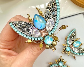 Hand-Embroidered Blue Moth Brooch: Beaded Rhinestone Pin, Unique Design