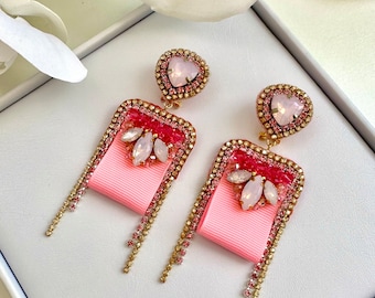 Handmade Pink Crystal Embroidered Earrings: Designer Celebration Jewelry