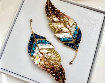 Beaded Feather Brooch, Handmade Designer Accessory