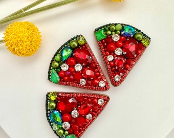 Hand-embroidered brooch ‘’Watermelon". Handmade colorful pin brooch. Designer accessories.