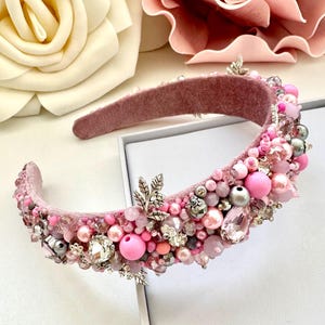 Rose Pink Beaded Headband: Jeweled Crystal Embroidered Tiara 