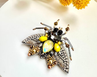 Hand-Embroidered Yellow Moth Brooch: Beaded Rhinestone Pin
