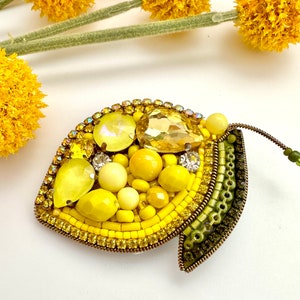 Hand-embroidered brooch ‘’Lemon". Handmade colorful pin brooch. Designer accessories.