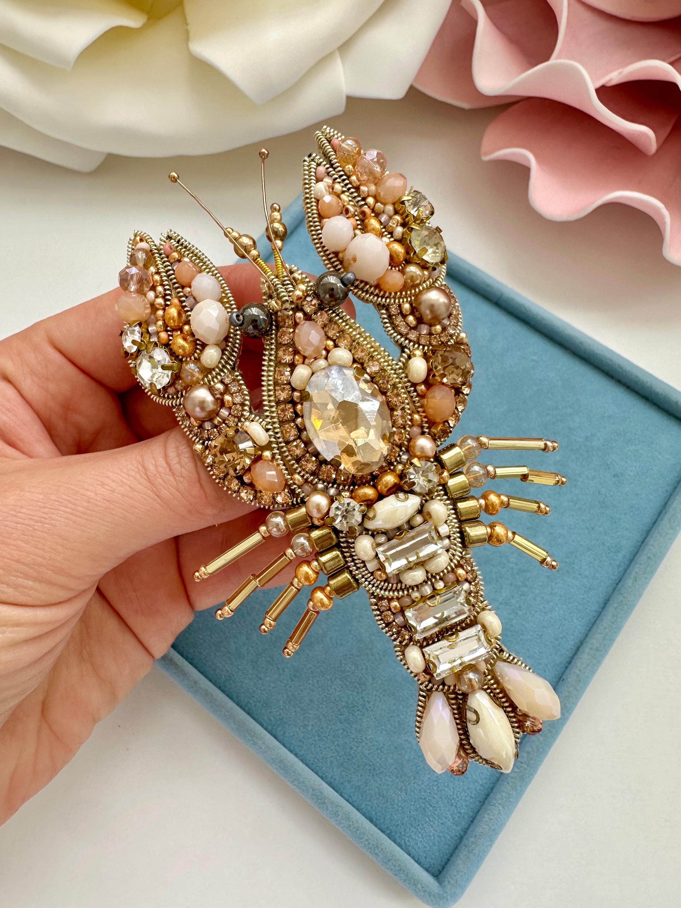 Handmade Beaded Gold Crayfish Brooch - Unique Ocean-Inspired Jewelry. Hot summer accessories. Best gift for her. Sea life unique pin brooch