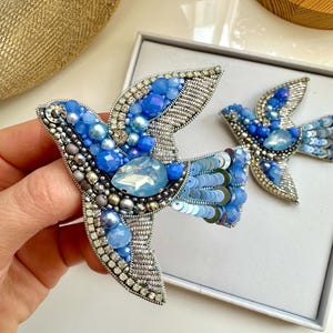 Hand-Embroidered Bird Brooch: Silver Blue Crystal Pin