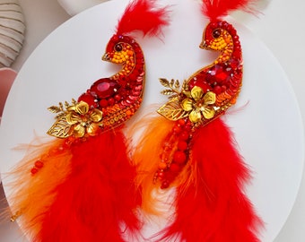 Hand-Embroidered Bird of Paradise Brooch: Fire Red Crystal Pin