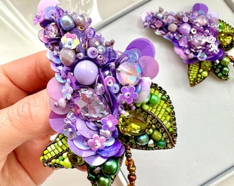 Handmade Beaded Lilac Brooch: Designer Floral Accessory
