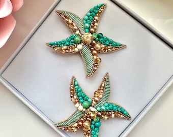 Handmade Beaded Starfish Brooch: Ocean-Inspired Turquoise Jewelry