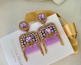 Beaded earrings with Swarovski crystals “Lavender”
