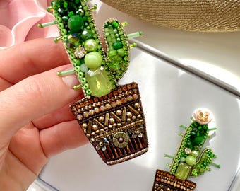 Hand-Embroidered Cactus Brooch: Beaded Designer Pin