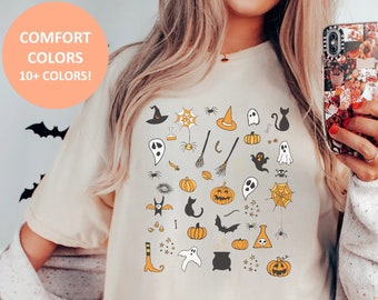 Halloween Doodles Comfort Color Shirt for Women, Comfort Colors Halloween Doodles Tee, Cute Halloween Spooky Season Oversized Fall Outfit