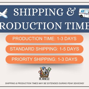 May include: A graphic with the text "SHIPPING & PRODUCTION TIMES" in white on a blue background. Below are orange rectangles with text indicating production and shipping times. A small airplane and mail truck are also present.