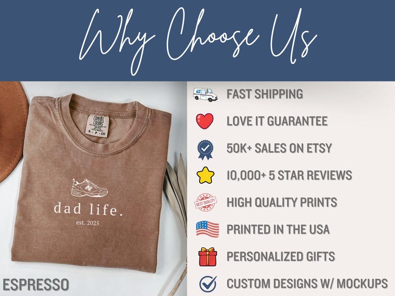 May include: A brown t-shirt with the text "dad life. est. 2025" and a graphic of a sneaker. The t-shirt is displayed on a wooden surface. The image also includes a list of reasons to choose this shop, including fast shipping, a love it guarantee, 50k+ sales on Etsy, 10,000+ 5 star reviews, high quality prints, printed in the USA, personalized gifts, and custom designs with mockups.