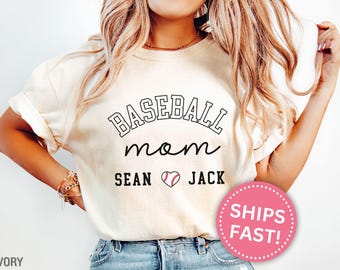Custom Baseball Mom Shirt, Comfort Colors Baseball Mom Tee Personalized Baseball Mom with Kids Names T-Shirt Gifts for Mother's Day (KC0119)