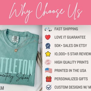 May include: Seafoam green t-shirt with the text "LITTLETON Elementary School" in white and black. The shirt has a crew neck and is displayed with a gold necklace. The image also includes text that says "Why Choose Us".