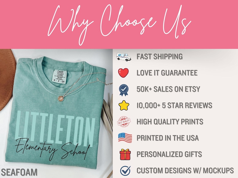 May include: Seafoam green t-shirt with the text "LITTLETON Elementary School" in white and black. The shirt has a crew neck and is displayed with a gold necklace. The image also includes text that says "Why Choose Us".