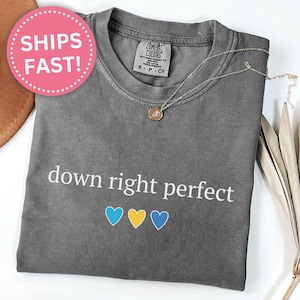May include: Gray t-shirt with the text "down right perfect" in white lettering. Three small hearts are below the text, one blue, one yellow, and one blue.