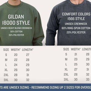 May include: Two crewneck sweatshirts, one olive green and one charcoal gray, with product details. The olive green sweatshirt is Gildan 18000 style, 50% cotton, and 50% polyester. The gray is Comfort Colors 1566 style, 80% ring-spun cotton, and 20% polyester.