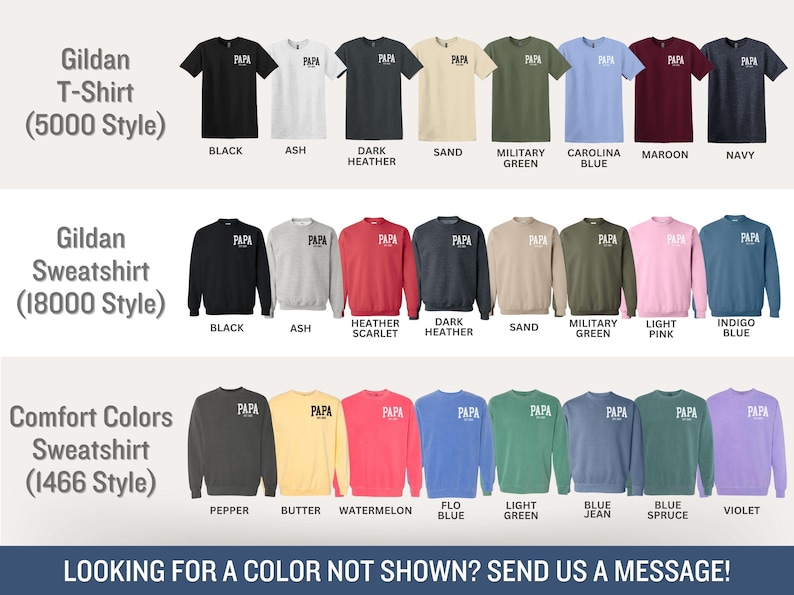 Op de afbeelding: Een verscheidenheid aan t-shirts en sweatshirts in verschillende kleuren, waaronder zwart, as en marineblauw, met het woord "PAPA" op de voorkant. Stijlen zijn onder meer Gildan T-Shirt (5000 Style), Gildan Sweatshirt (18000 Style) en Comfort Colors Sweatshirt (1466 Style).