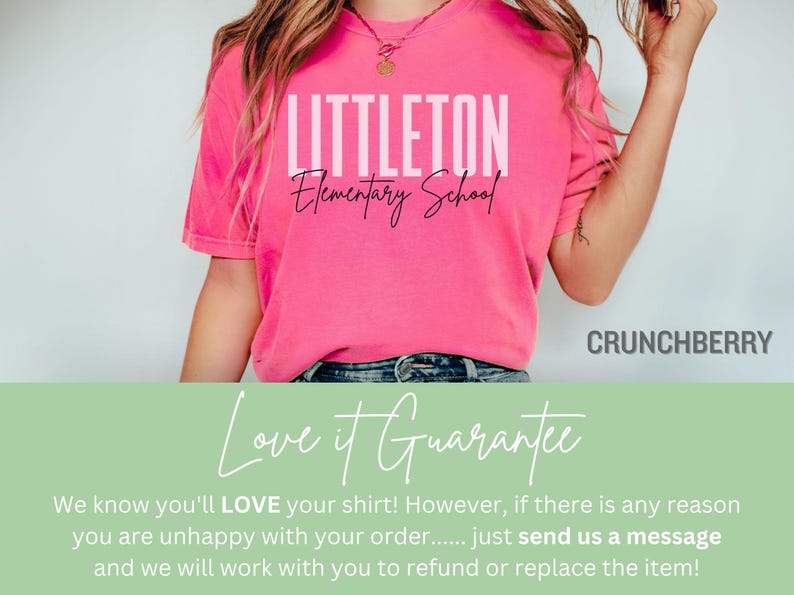 May include: A vibrant pink t-shirt featuring the text "LITTLETON Elementary School" in white. The top has short sleeves and a solid colour. The word "CRUNCHBERRY" is visible in the bottom right corner of the image.