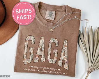 Personalized Gaga Shirt, Custom Floral Gaga T-Shirt Gift for Mother's Day Gaga Tee Grandkid's Names Mother's Day Gift for Gaga (KC0048)