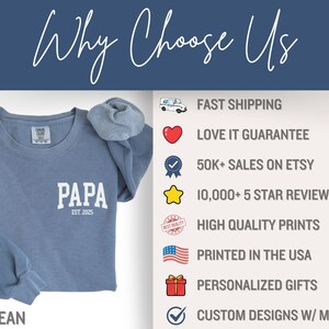 Op de afbeelding: Een blauw spijkerstofkleurig sweatshirt met het woord "PAPA" en "EST. 2025" op de voorkant. Op de linkermouw staan de namen "MEGAN ADDI". De afbeelding bevat ook tekst met "Why Choose Us" en functies zoals "Snelle verzending" en "Gepersonaliseerde cadeaus."