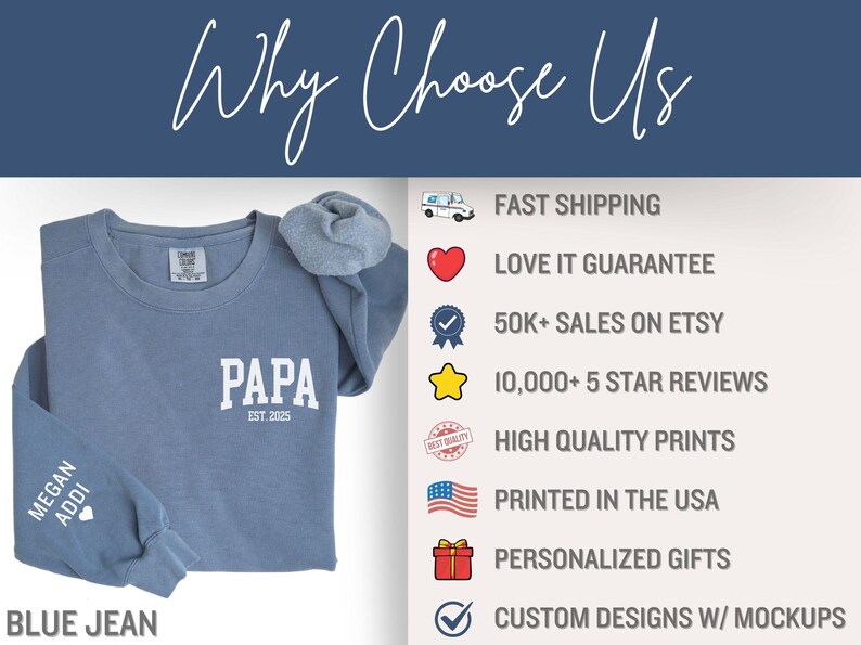 Op de afbeelding: Een blauw spijkerstofkleurig sweatshirt met het woord "PAPA" en "EST. 2025" op de voorkant. Op de linkermouw staan de namen "MEGAN ADDI". De afbeelding bevat ook tekst met "Why Choose Us" en functies zoals "Snelle verzending" en "Gepersonaliseerde cadeaus."