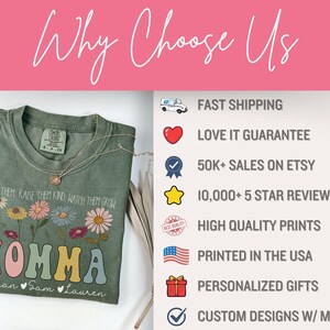 May include: A green t-shirt with the text "Love them, raise them kind, watch them grow" and "Momma" in colorful letters. The shirt also has the names "Megan, Sam, Lauren" printed below the word "Momma". The image also includes a list of reasons to choose this shop, including fast shipping, a love it guarantee, 50k+ sales on Etsy, 10,000+ 5 star reviews, high quality prints, printed in the USA, personalized gifts, and custom designs with mockups.