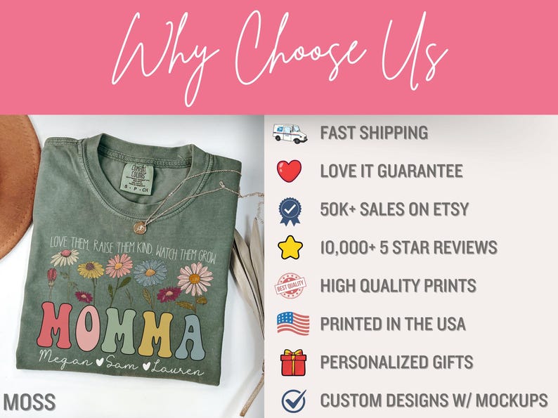 May include: A green t-shirt with the text "Love them, raise them kind, watch them grow" and "Momma" in colorful letters. The shirt also has the names "Megan, Sam, Lauren" printed below the word "Momma". The image also includes a list of reasons to choose this shop, including fast shipping, a love it guarantee, 50k+ sales on Etsy, 10,000+ 5 star reviews, high quality prints, printed in the USA, personalized gifts, and custom designs with mockups.