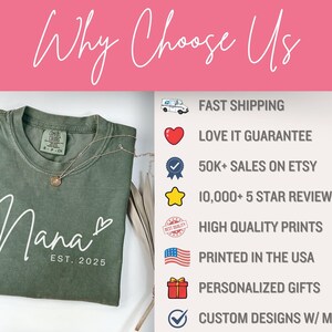 May include: A green t-shirt with the text "Nana" and "EST. 2025" in white. The shirt is folded and displayed on a white background. The image also includes a list of reasons to choose this seller, including fast shipping, a love it guarantee, high-quality prints, and personalized gifts.