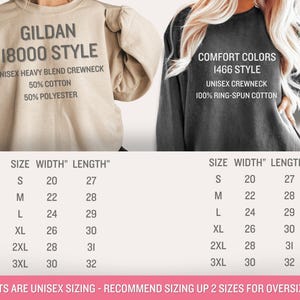 K&ouml;nnte beinhalten: Gr&ouml;&szlig;entabelle f&uuml;r Unisex-Sweatshirts im Gildan 18000 Style und Comfort Colors 1466 Style. Die Tabelle zeigt die Breite und L&auml;nge in Zoll f&uuml;r die Gr&ouml;&szlig;en S, M, L, XL, 2XL und 3XL.