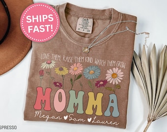 Custom Momma T Shirt, Comfort Colors Momma Tee Personalized Momma Gifts for Mother's Day Gifts Raise them Kind New Momma Shirt (KC0007)