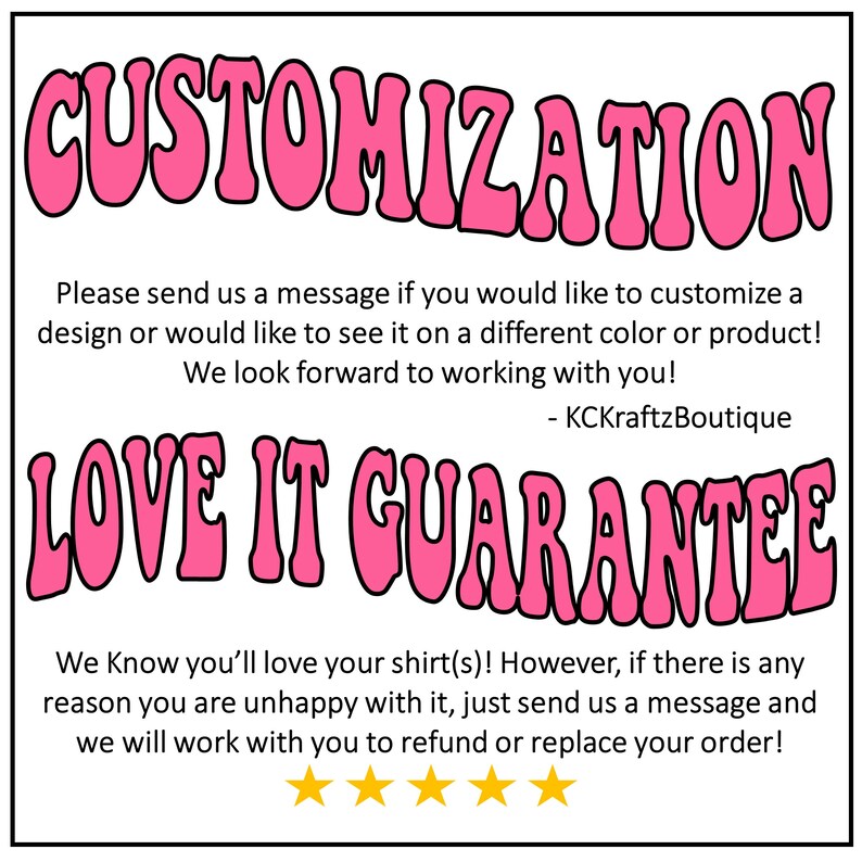 Pu&ograve; includere: Testo rosa su sfondo bianco che recita "CUSTOMIZATION" e "LOVE IT GUARANTEE". Il testo sotto spiega che i clienti possono personalizzare i loro ordini e che hanno la garanzia di amare il loro acquisto.
