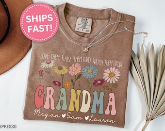 Custom Grandma T Shirt, Flower Comfort Colors Grandma Tee Personalized Gifts for Grandma Grandkids Names Gifts for Mother&#39;s Day (KC0006)
