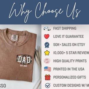 May include: Espresso-colored t-shirt with a "DAD EST. 2025" design. The shirt features a camouflage-style patch with the word "DAD" in a bold font. The image also includes text that says "Why Choose Us" and lists features like fast shipping and personalized gifts.