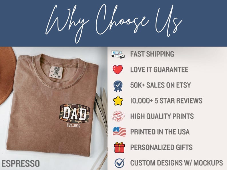 May include: Espresso-colored t-shirt with a "DAD EST. 2025" design. The shirt features a camouflage-style patch with the word "DAD" in a bold font. The image also includes text that says "Why Choose Us" and lists features like fast shipping and personalized gifts.