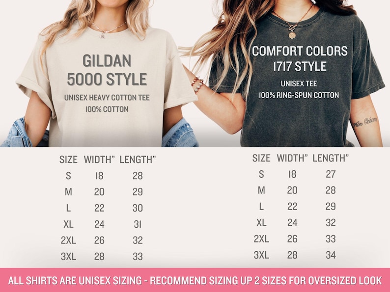 Może przedstawiać: Dwa t-shirty z tabelami rozmiar&oacute;w. Pierwsza koszulka to unisexowa koszulka z ciężkiego bawełnianego materiału w stylu Gildan 5000 w jasnobeżowym kolorze. Druga koszulka to unisexowa koszulka w stylu Comfort Colors 1717 w ciemnoszarym kolorze. Obie koszulki są wykonane w 100% z bawełny.
