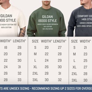 Op de afbeelding: Afbeelding met drie unisex shirts van Gildan en Comfort Colors. De eerste is een Gildan 5000 stijl tee, de tweede een Gildan 18000 crewneck en de derde een Comfort Colors 1466 crewneck. Maattabellen met afmetingen in cm zijn inbegrepen.