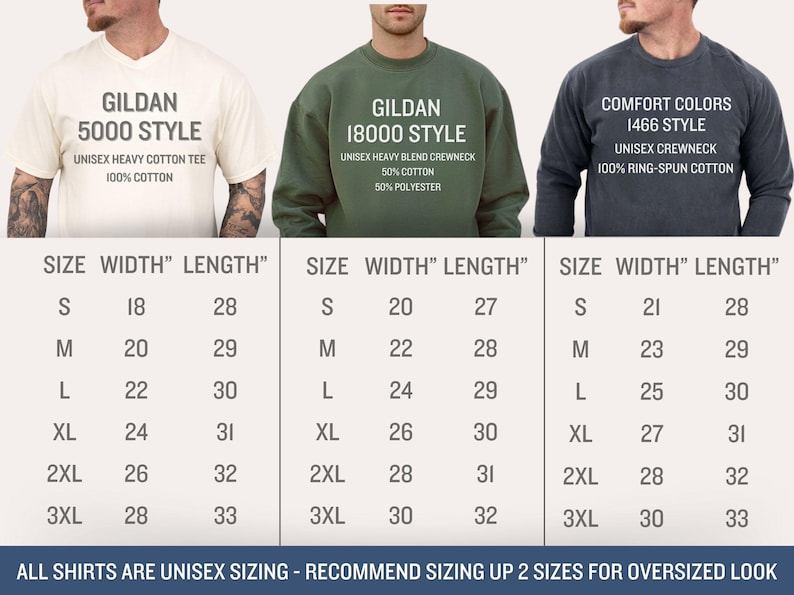 Op de afbeelding: Afbeelding met drie unisex shirts van Gildan en Comfort Colors. De eerste is een Gildan 5000 stijl tee, de tweede een Gildan 18000 crewneck en de derde een Comfort Colors 1466 crewneck. Maattabellen met afmetingen in cm zijn inbegrepen.