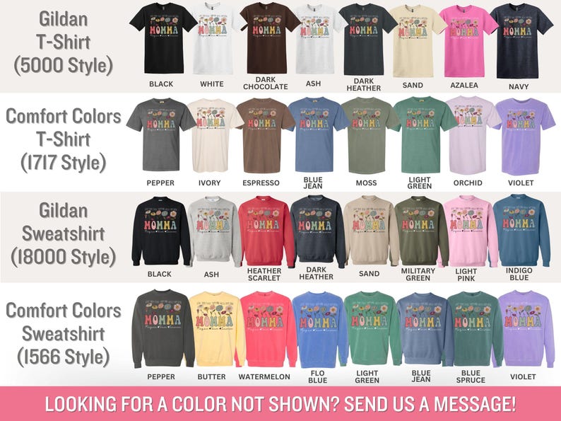May include: A chart showing different color options for Gildan T-shirts, Comfort Colors T-shirts, Gildan Sweatshirts, and Comfort Colors Sweatshirts. The chart includes the style number for each type of shirt. The text "HOMMA" is printed on each shirt.