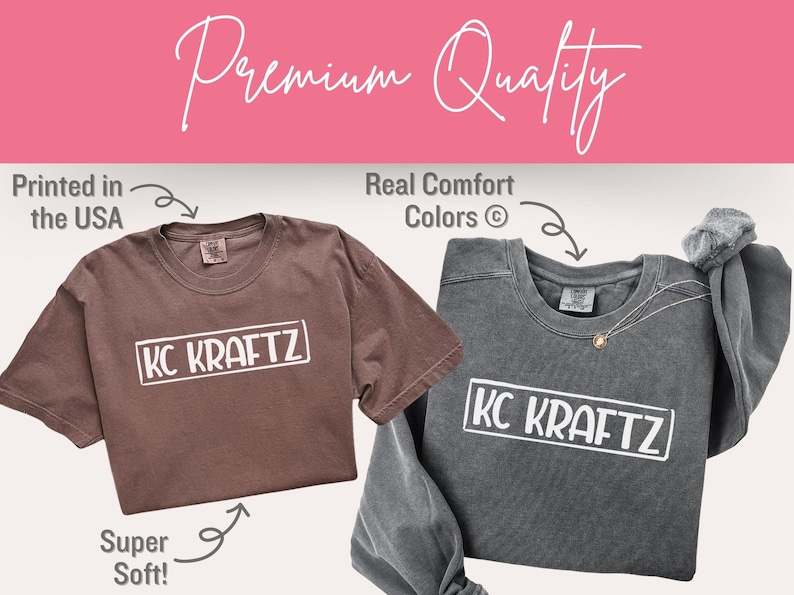 May include: Two t-shirts, one brown and one gray, with the text "KC KRAFTZ" in a white rectangle. The brown shirt is short-sleeved, and the gray shirt is long-sleeved. The image includes the text "Printed in the USA", "Real Comfort Colors", and "Super Soft!"