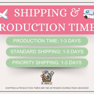 May include: A pink banner with the text "SHIPPING & PRODUCTION TIMES" and icons of an airplane and a delivery truck. Below are green ovals with text indicating production and shipping times. The image includes the KC Kraftz logo.