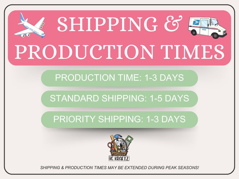 May include: A pink banner with the text "SHIPPING & PRODUCTION TIMES" and icons of an airplane and a delivery truck. Below are green ovals with text indicating production and shipping times. The image includes the KC Kraftz logo.