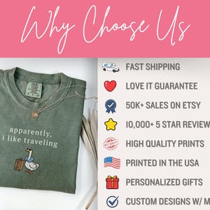May include: Moss green t-shirt with the phrase "apparently, I like traveling" and a cartoon goose with a suitcase. The image also includes text that says "Why Choose Us" and lists features like "Fast Shipping" and "Printed in the USA".