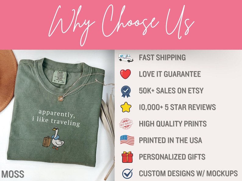May include: Moss green t-shirt with the phrase "apparently, I like traveling" and a cartoon goose with a suitcase. The image also includes text that says "Why Choose Us" and lists features like "Fast Shipping" and "Printed in the USA".