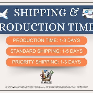 May include: A graphic with the text "SHIPPING & PRODUCTION TIMES" in white on a navy blue background. The graphic includes an airplane and a mail truck icon. Below are orange bars with text indicating production and shipping times.