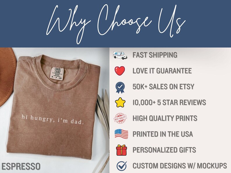 May include: A brown t-shirt with the text "hi hungry, i'm dad." printed on it. The shirt is displayed on a white background with a list of reasons to choose this shop, including fast shipping, a love it guarantee, 50,000+ sales on Etsy, 10,000+ 5-star reviews, high-quality prints, printed in the USA, personalized gifts, and custom designs with mockups.