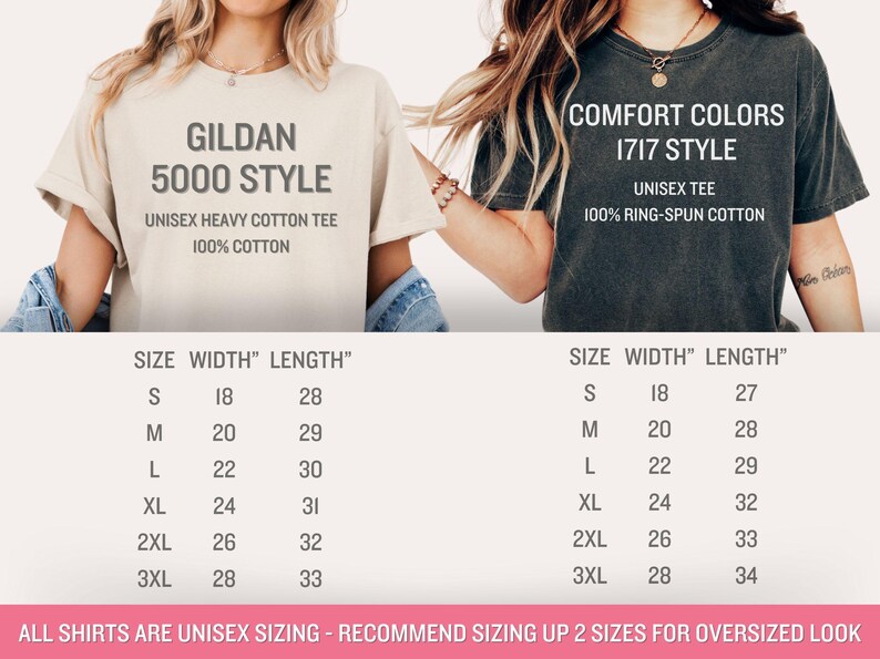 May include: Two t-shirts with size charts. The white t-shirt says "Gildan 5000 Style" and "Unisex Heavy Cotton Tee 100% Cotton". The black t-shirt says "Comfort Colors 1717 Style" and "Unisex Tee 100% Ring-Spun Cotton". The size chart shows the width and length in inches for sizes S, M, L, XL, 2XL, and 3XL.