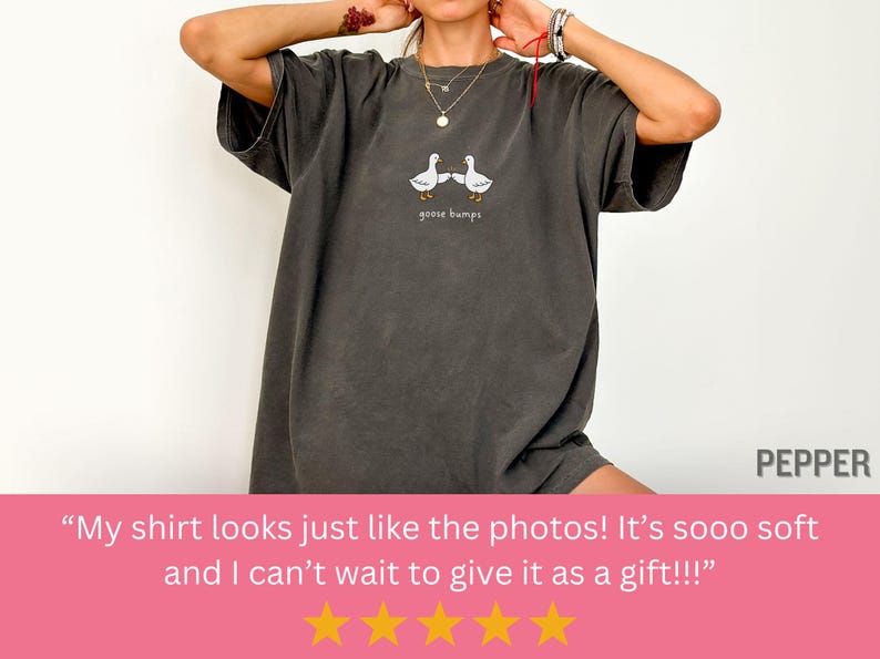 May include: Dark gray t-shirt featuring a graphic of two white geese and the text "goose bumps." The shirt has a relaxed fit and is made of a soft material. The shirt is part of a clothing collection.